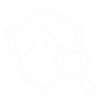 Shield with exclamation mark and magnifying glass representing security alert or inspection.