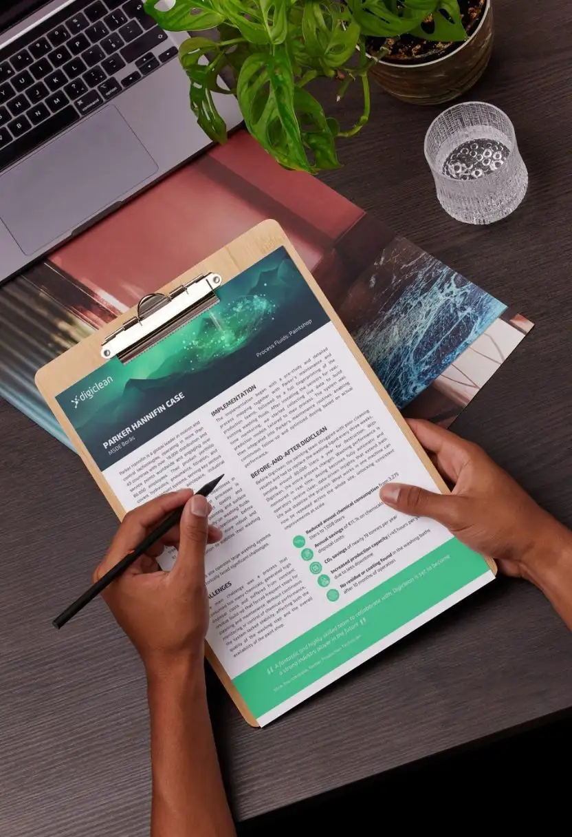Hands holding a clipboard with a report, a laptop, a plant, and a glass of water on a wood desk.