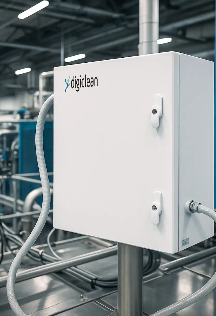 White industrial control box labeled digiclean mounted on metal pole with cables in factory setting.