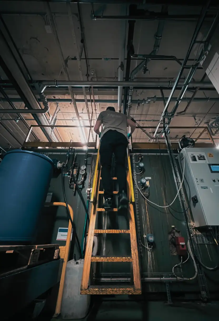 Worker climbing a wooden ladder in an industrial setting with pipes and control panels.