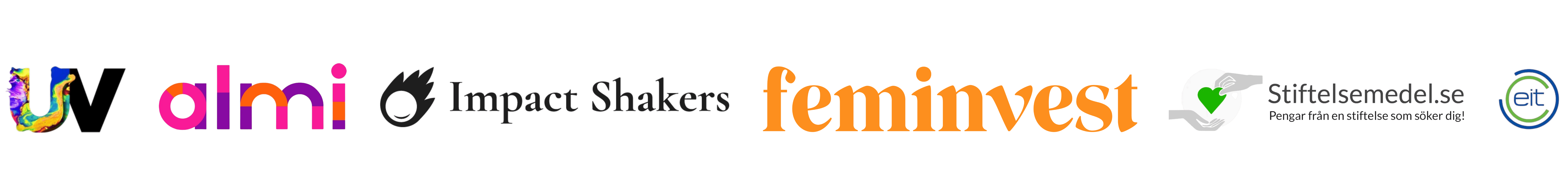 Logos of UV, Olmi, Impact Shakers, Feminvest, Stiftelsemedel.se, and EIT on black background.