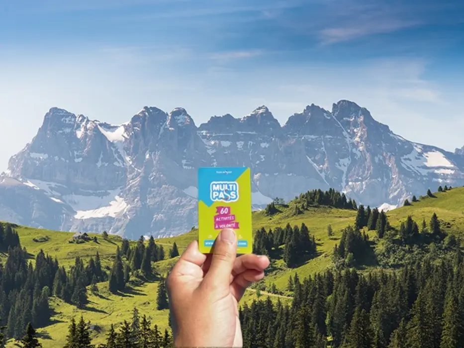 Main tenant un pass MULTI PASS devant les montagnes et la forêt verte en arrière-plan.