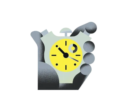 Hand holding a yellow stopwatch showing the time approximately 10:15.