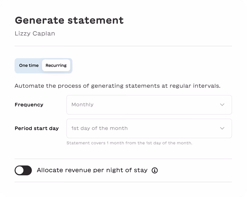 User interface screen for generating statements, showing options for one time or recurring frequency, monthly frequency selected, period starting on 1st day of the month, and toggle for allocating revenue per night of stay.