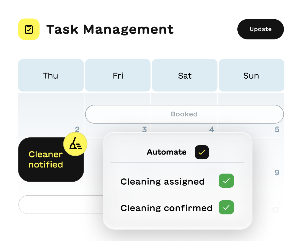 Task Management interface showing a calendar with days Thursday through Sunday, an update button, notification that cleaner is notified, and automation options with cleaning assigned and confirmed checked.