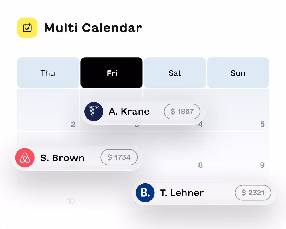 Multi Calendar showing events for Thu to Sun with entries for A. Krane ($1867) on Fri, S. Brown ($1734) on Thu, and T. Lehner ($2321) on Sun.