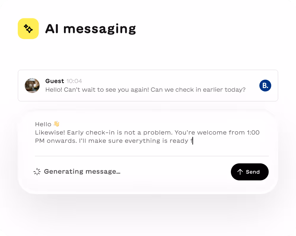 Screenshot of AI messaging interface showing guest requesting early check-in and AI responding that early check-in from 1:00 PM is available while generating a message.