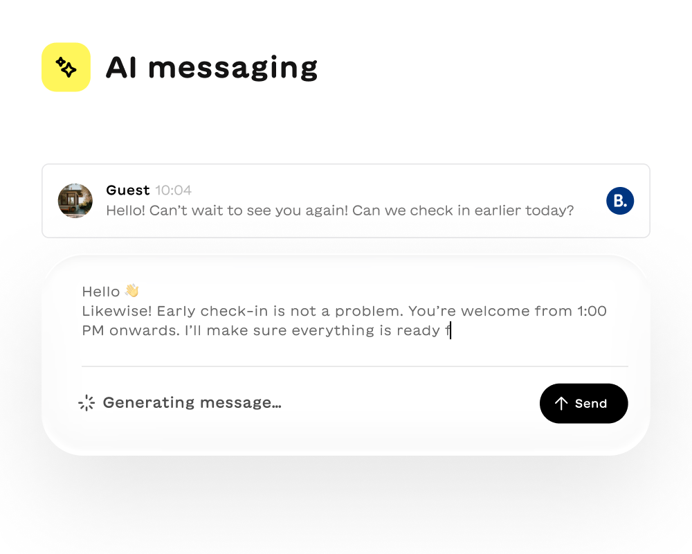 Screenshot of AI messaging interface showing guest requesting early check-in and AI responding that early check-in from 1:00 PM is available while generating a message.