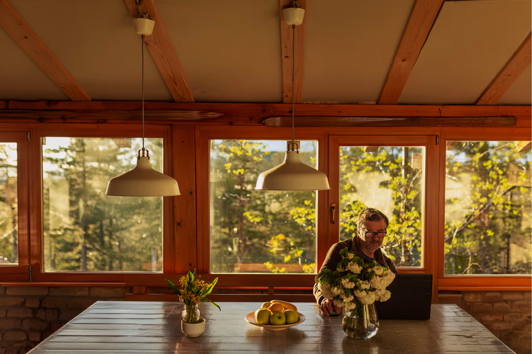 Man working on a laptop at a wooden table in a sunlit room with large windows showing trees outside.