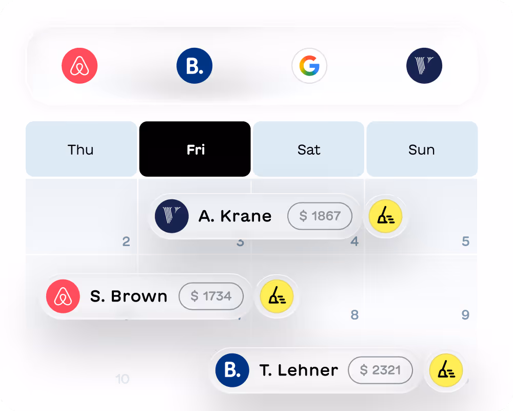 Calendar interface showing booking prices and cleaning tasks for users A. Krane, S. Brown, and T. Lehner across Thursday to Sunday with icons for Airbnb, Booking.com, Google, and another platform.
