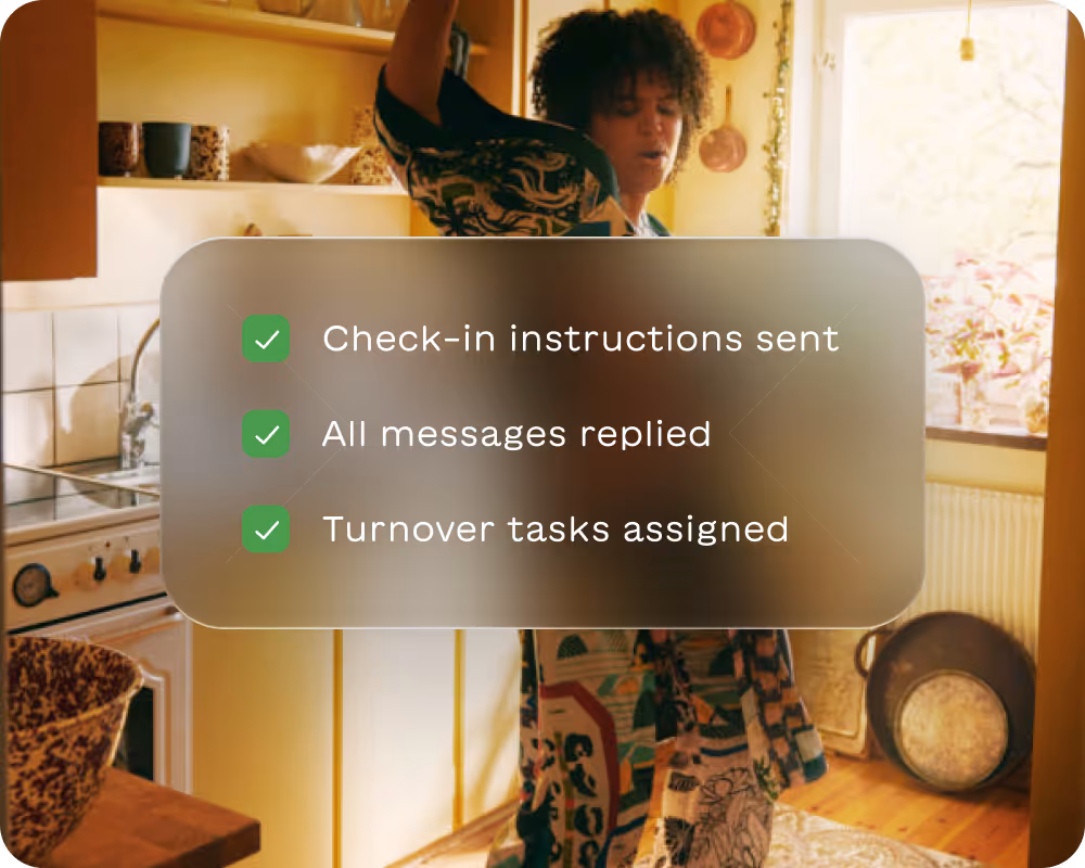 Woman dancing in a kitchen with a checklist overlay reading: Check-in instructions sent, All messages replied, Turnover tasks assigned.