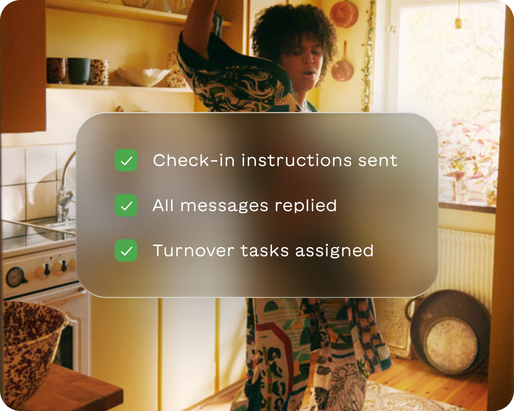 Woman dancing in a kitchen with a checklist overlay reading: Check-in instructions sent, All messages replied, Turnover tasks assigned.