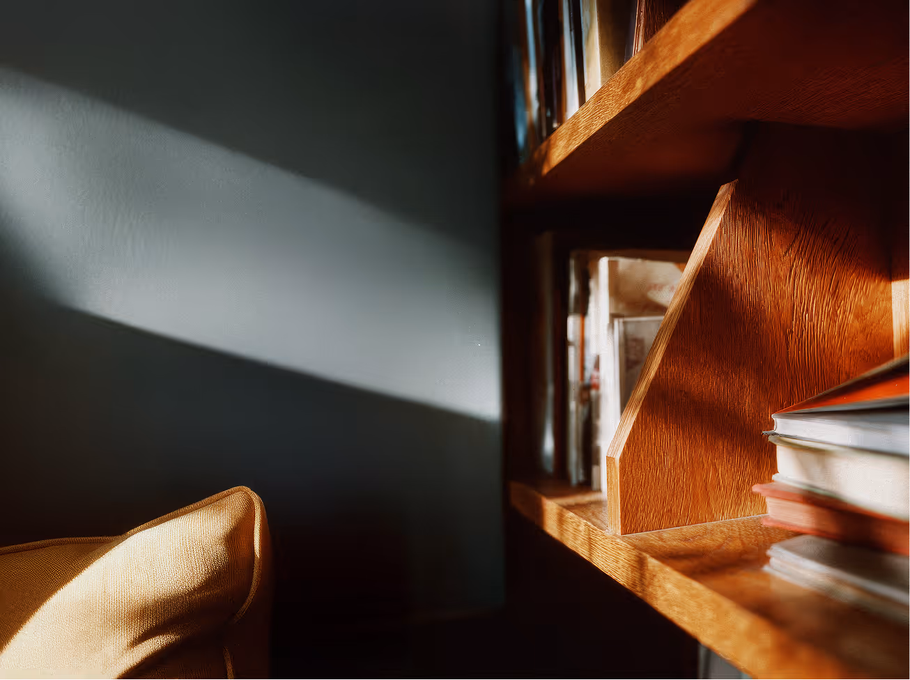 Sunlight casting shadows on a wooden bookshelf with books and a beige couch armrest.