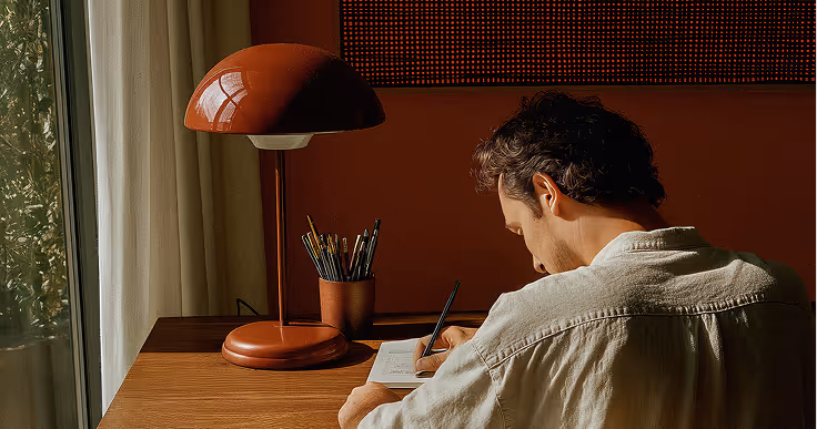 Man in white shirt writing at a wooden desk with a brown lamp and a container of pencils near a window with light curtains.