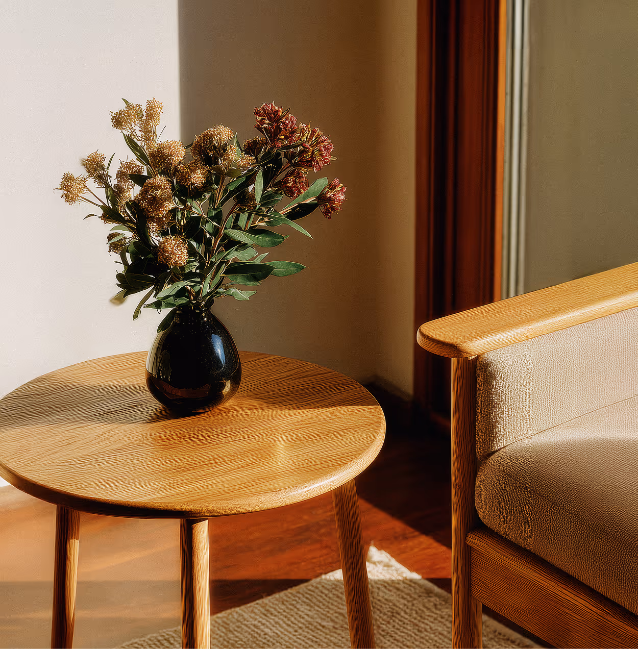 Black vase with red and beige flowers on a round wooden table next to a beige upholstered wooden armchair.