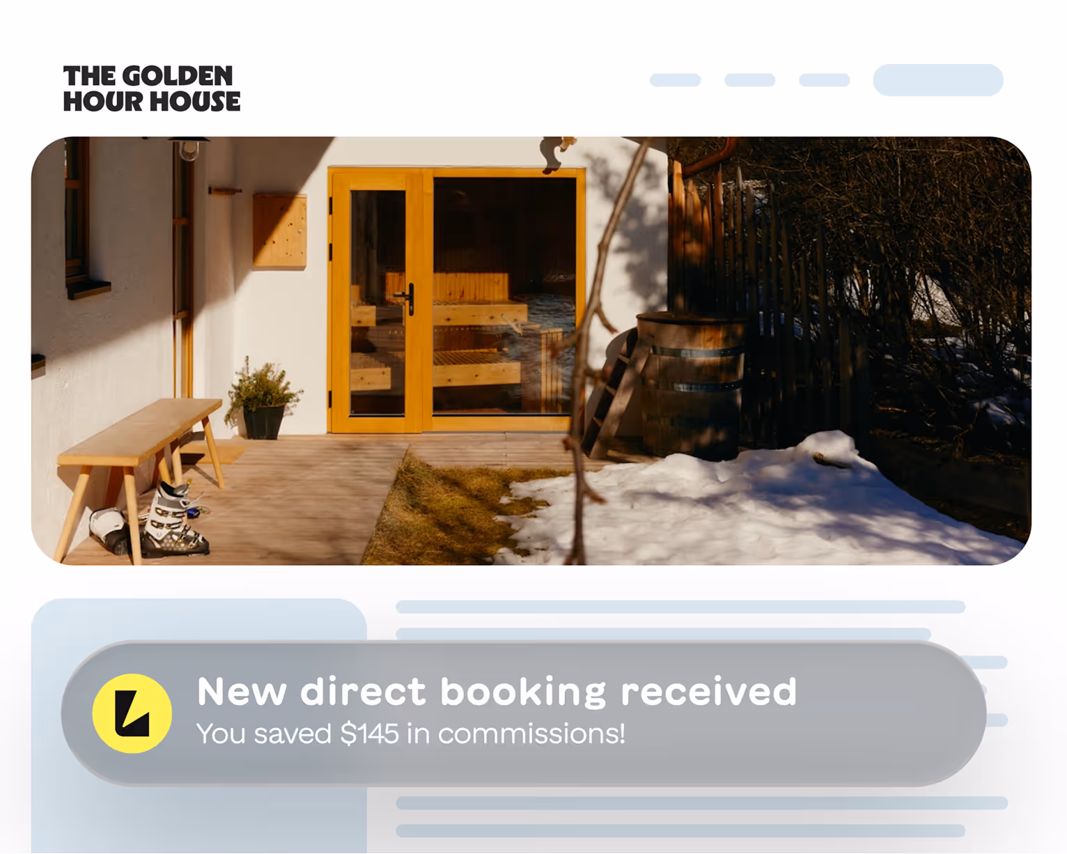 Front porch of a house with yellow framed glass doors, a wooden bench, a pair of ski boots, and some snow on the ground.