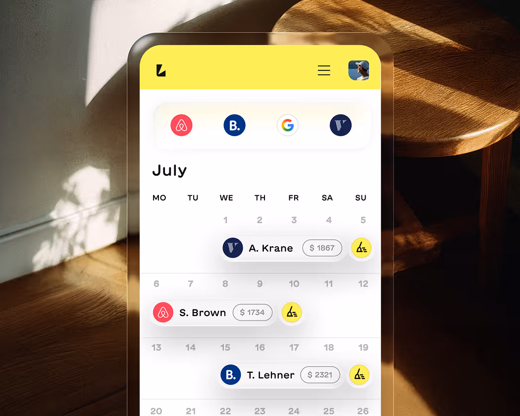 Mobile screen showing a July calendar with bookings from Airbnb, Booking, Google, and a channel marked as A. Krane, S. Brown, and T. Lehner with respective prices and notification icons.