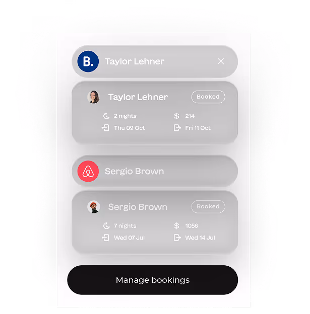 User interface showing bookings for Taylor Lehner and Sergio Brown with details on nights, dates, and costs, and a 'Manage bookings' button.