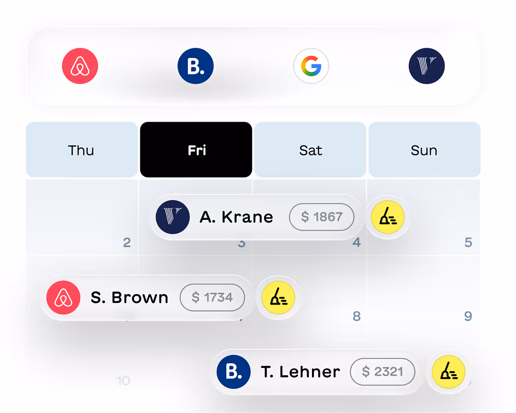 Calendar interface showing bookings from Airbnb, Booking.com, Google, and Vrbo with guest names and prices for specific days in a week view.