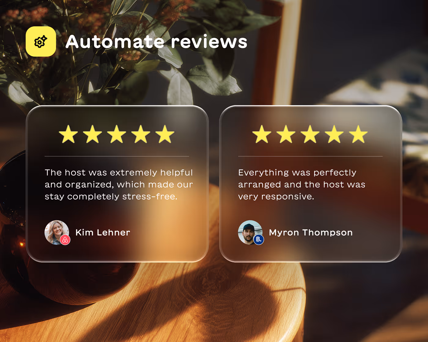 Two five-star customer reviews praising a helpful and responsive host, displayed with profile photos and names Kim Lehner and Myron Thompson.