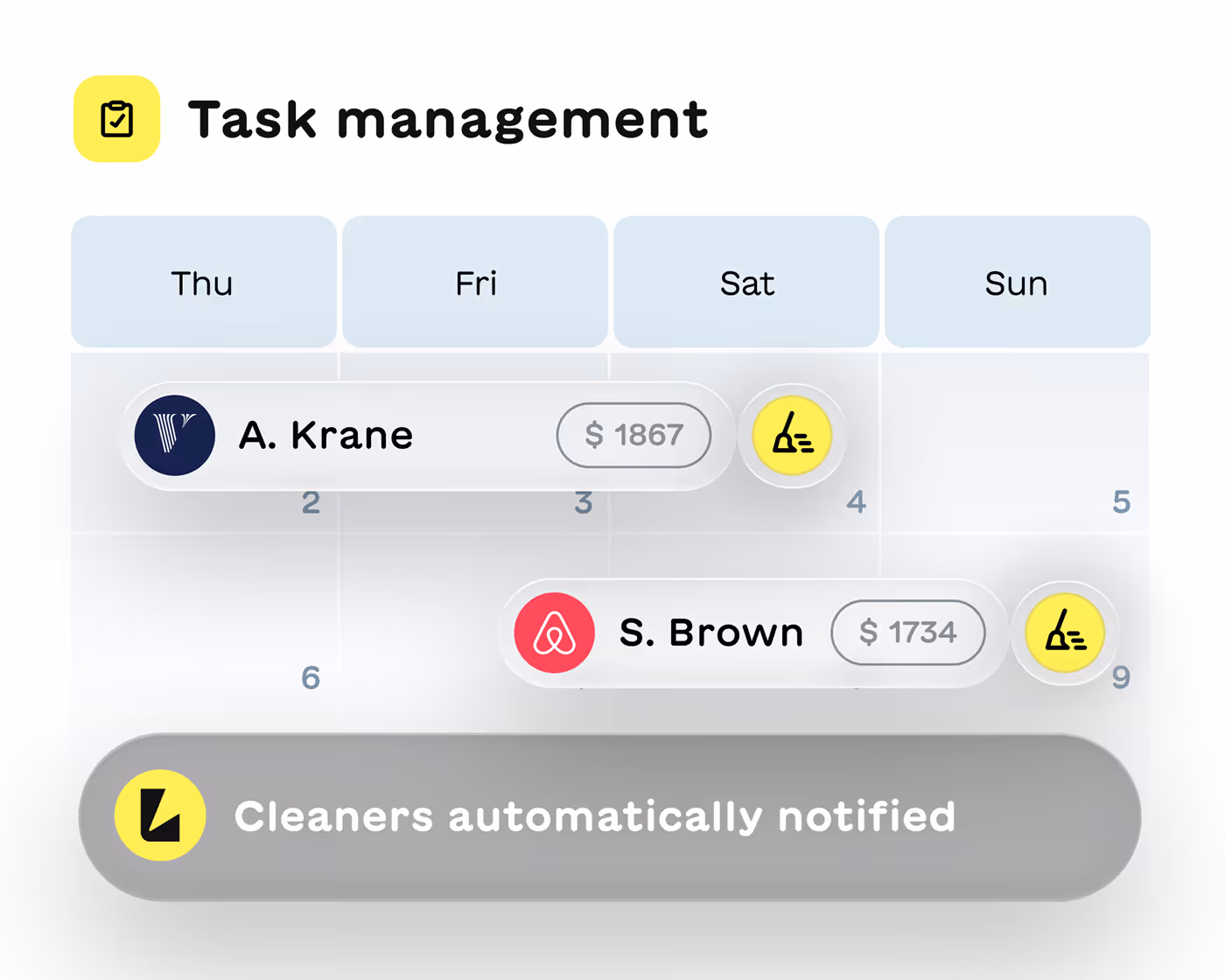 Task management schedule showing A. Krane and S. Brown with associated earnings and cleaning icons, plus a note that cleaners are automatically notified.