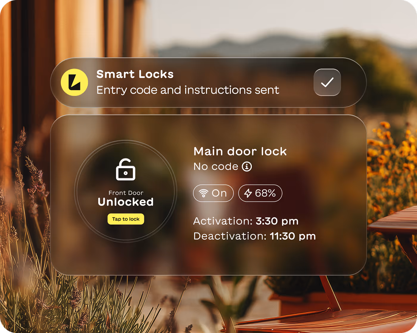 Smart lock app interface showing front door unlocked, Wi-Fi on, battery at 68%, activation at 3:30 pm, and deactivation at 11:30 pm.