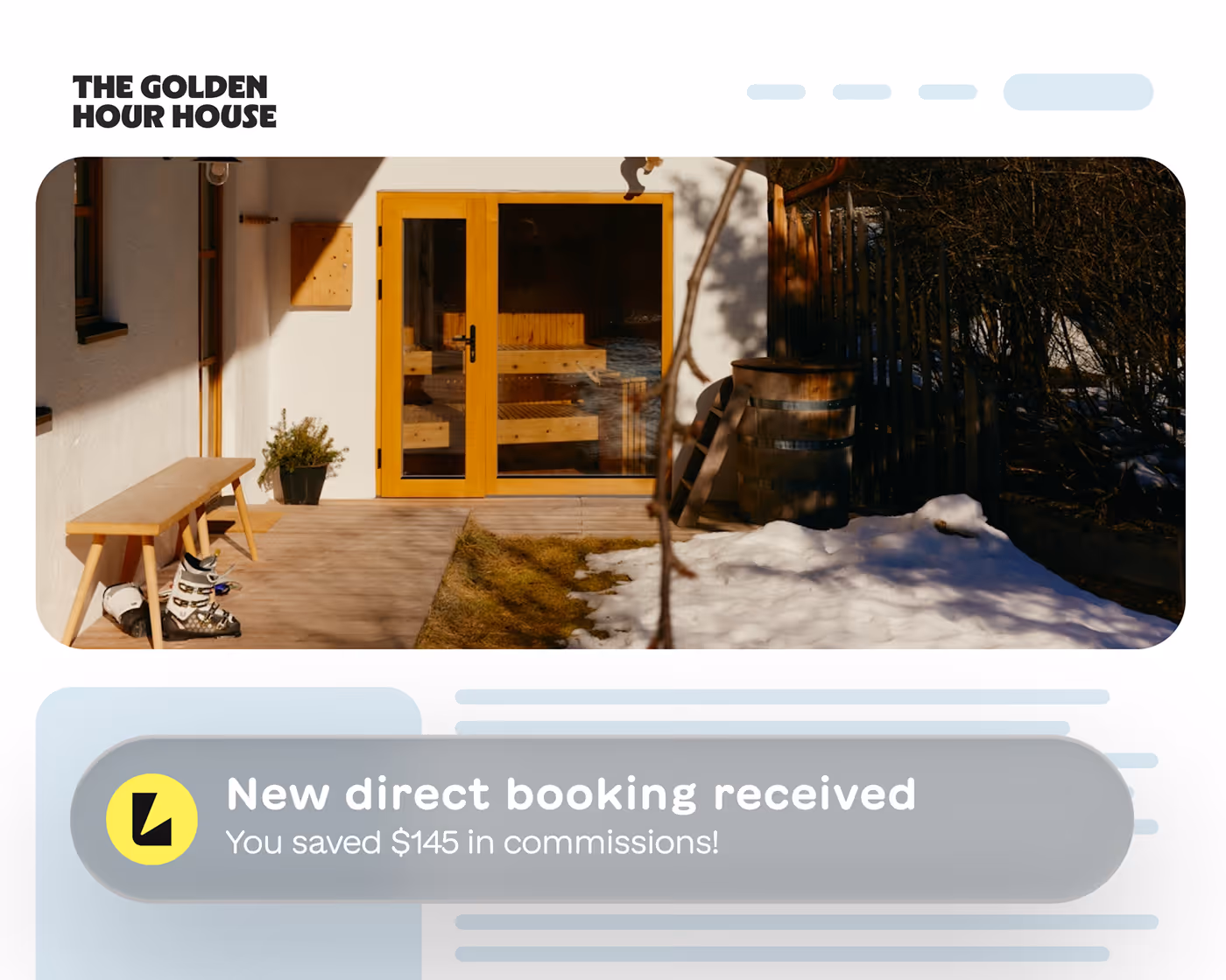 Exterior view of The Golden Hour House with wooden bench, ski boots, glass door, snow patch, and bushes.
