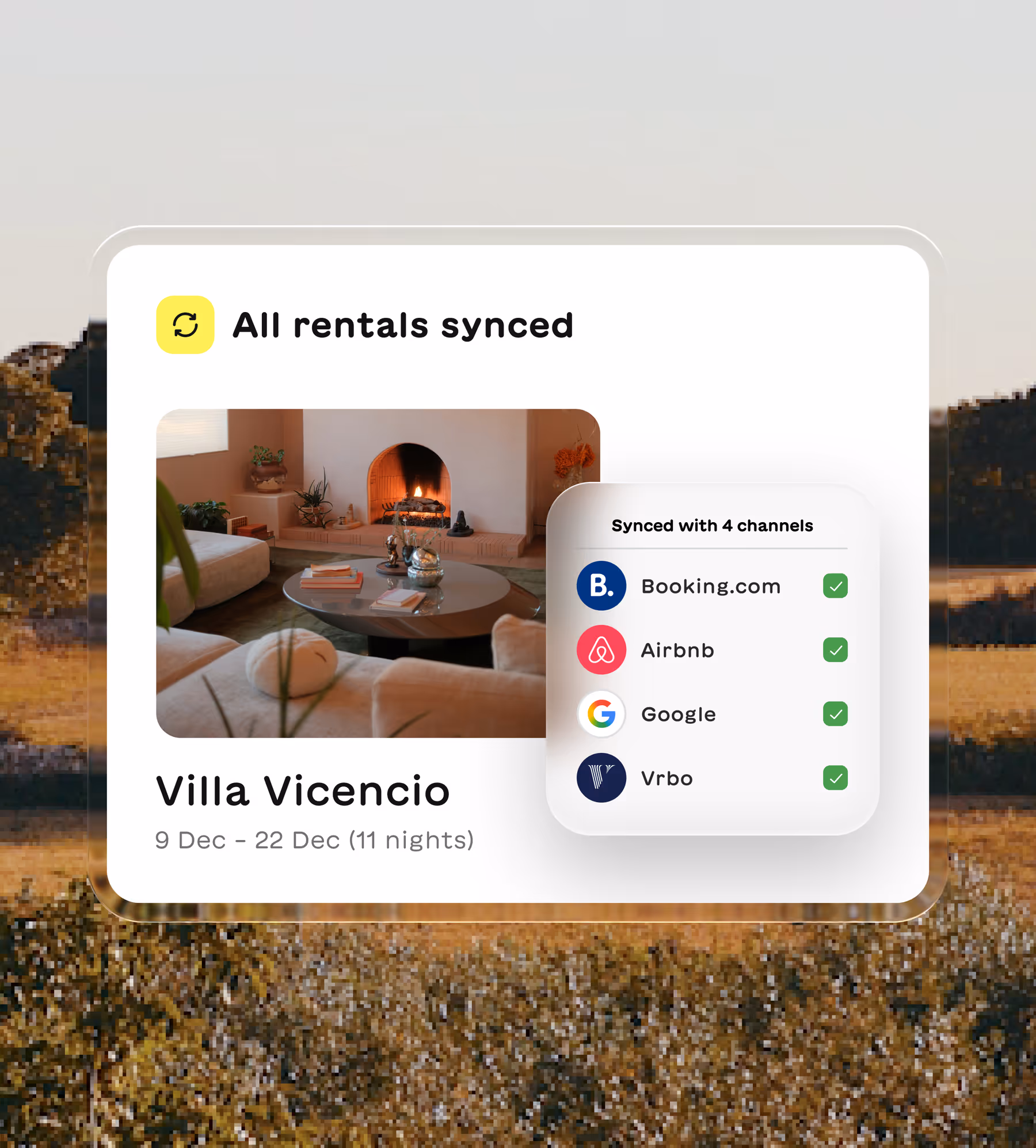 User interface showing synced rentals for Villa Vicencio from Dec 9 to 22 with confirmation from Booking.com, Airbnb, Google, and Vrbo.
