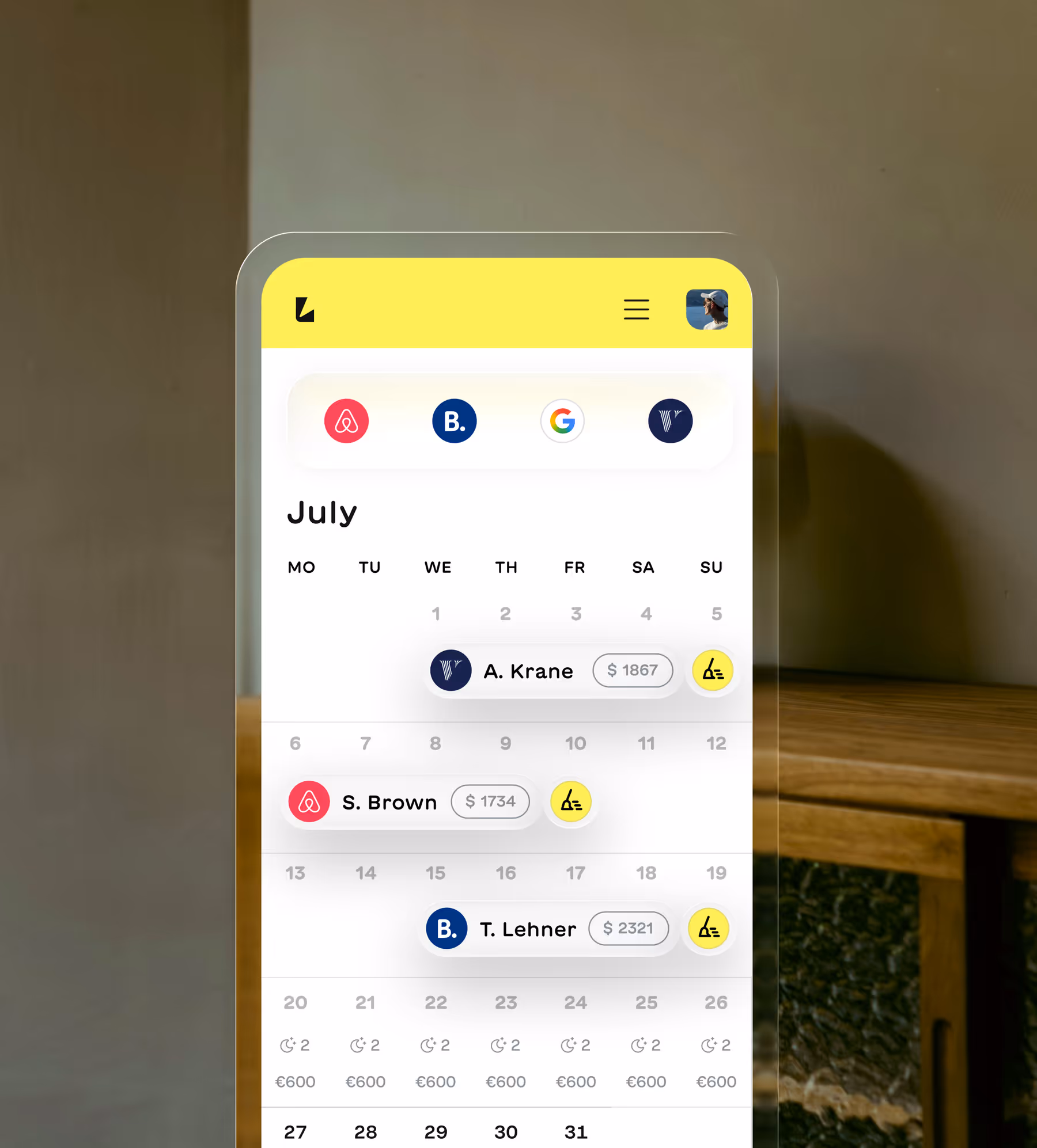 Mobile screen showing a July calendar with bookings for A. Krane, S. Brown, and T. Lehner on different dates and their respective earnings.