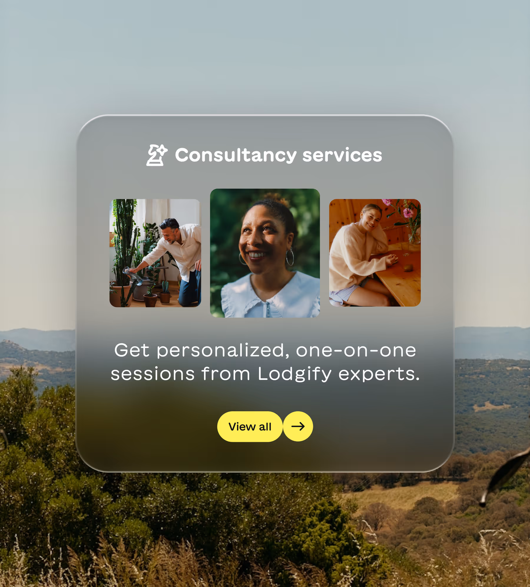 Consultancy services offering personalized, one-on-one sessions with Lodgify experts, showing three smiling consultants in different settings.