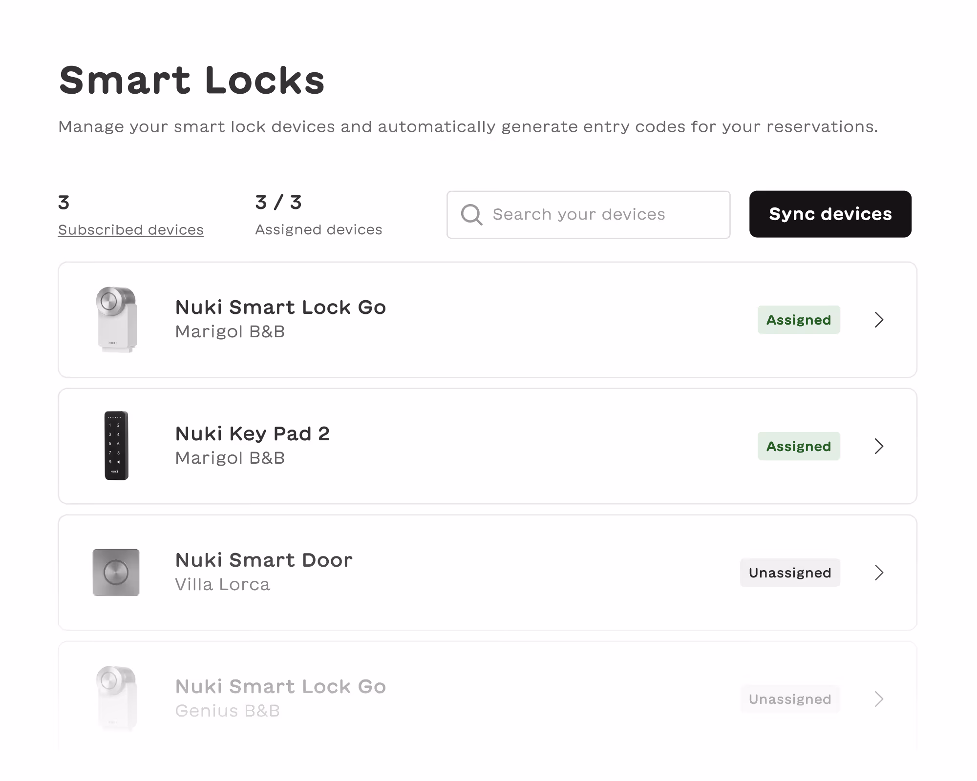 User interface for managing smart lock devices showing a list of subscribed and assigned devices including Nuki Smart Lock Go, Nuki Key Pad 2, and Nuki Smart Door with statuses assigned or unassigned.