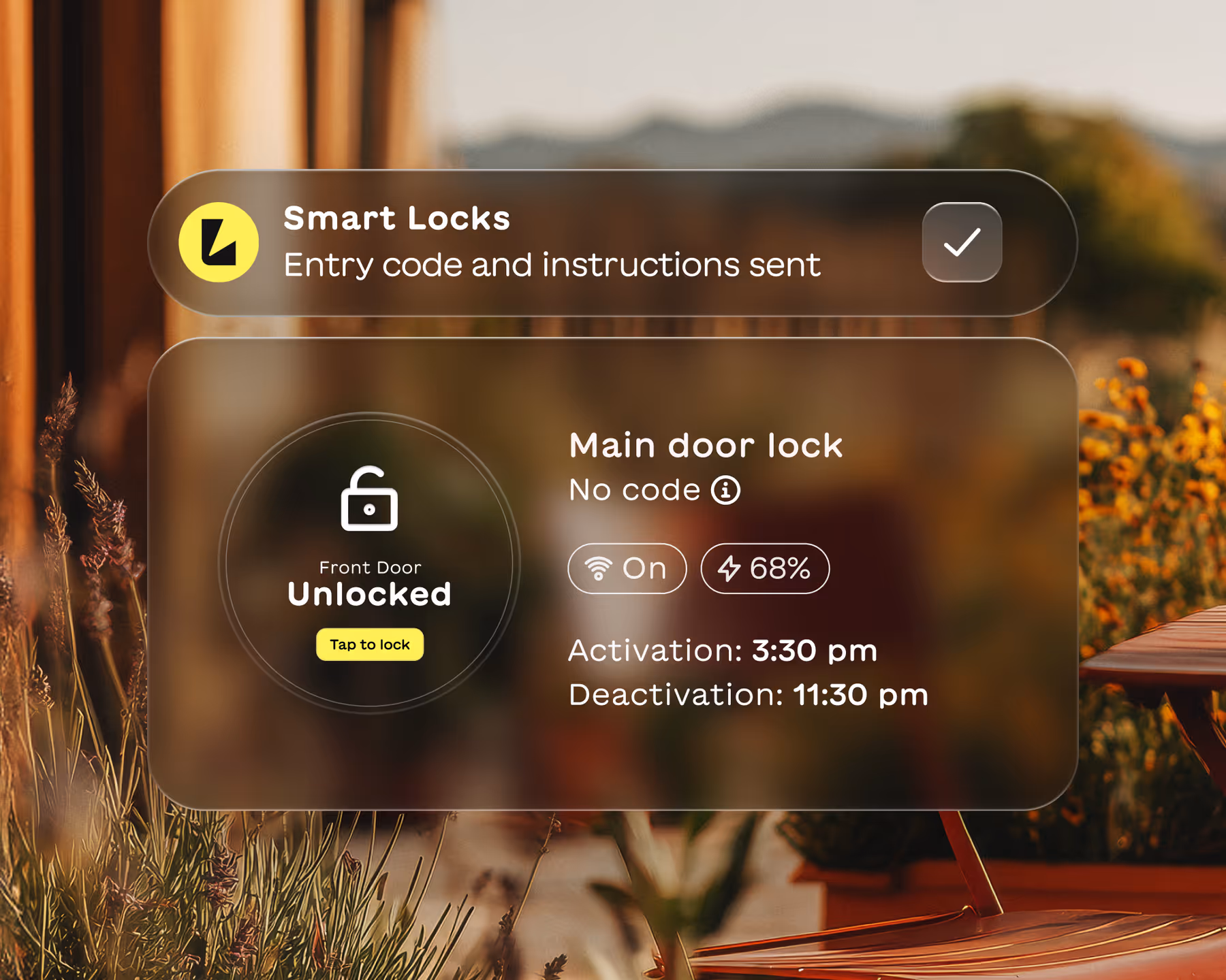 Smart lock interface showing front door unlocked with no code set, WiFi on, 68% battery, activation at 3:30 pm, and deactivation at 11:30 pm.