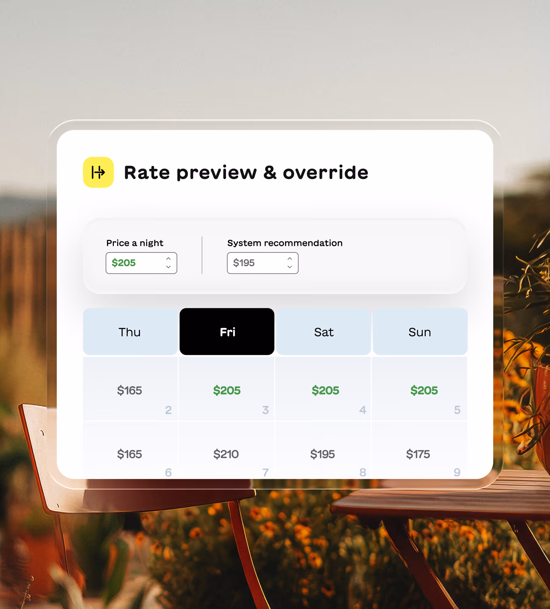 Rate preview and override panel showing price a night set to $205 and system recommendation at $195, with a calendar highlighting prices from Thursday to Sunday.