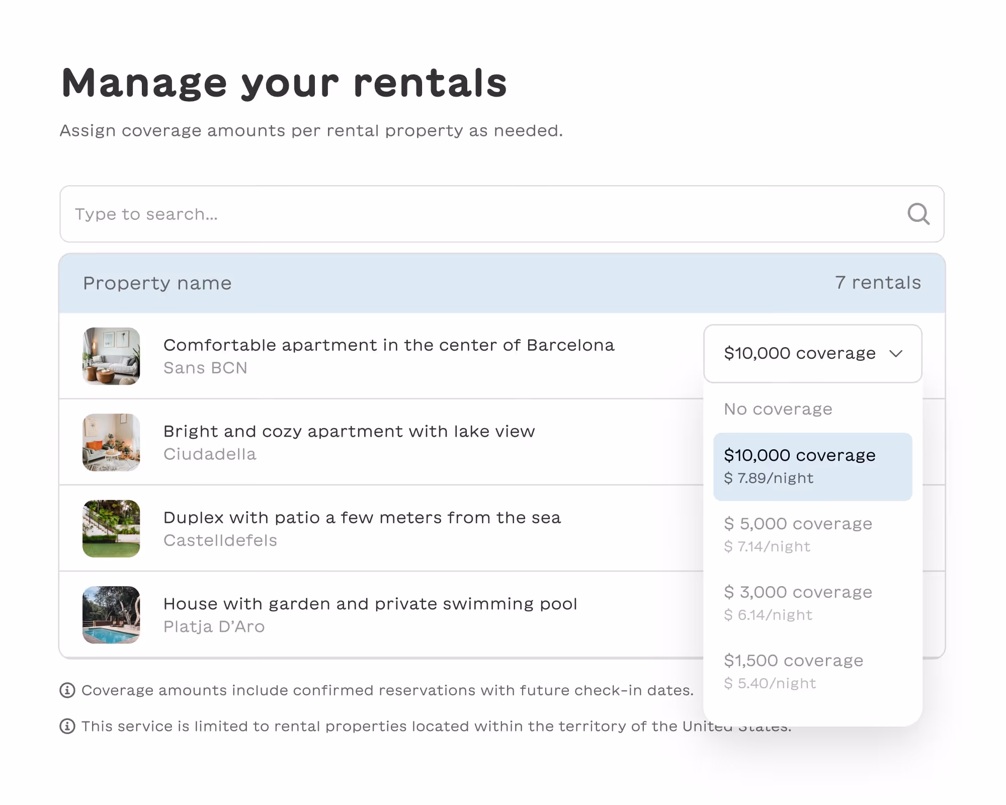 User interface to manage rental properties with a list of apartments and houses in different locations and an option to select coverage amounts per property.