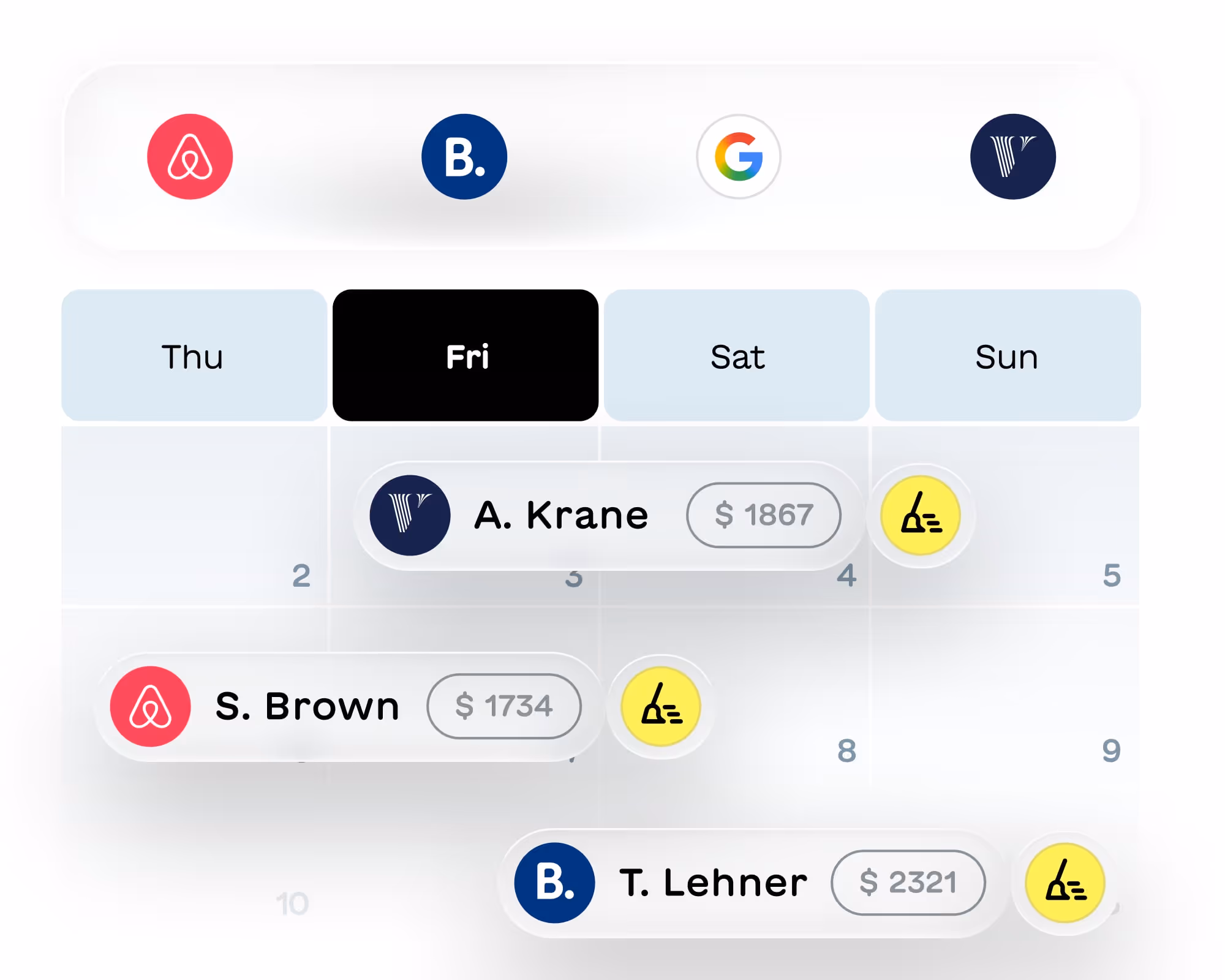 Calendar showing bookings on Thursday to Sunday with user names S. Brown, A. Krane, and T. Lehner, corresponding platform icons, prices, and cleaning service icons.
