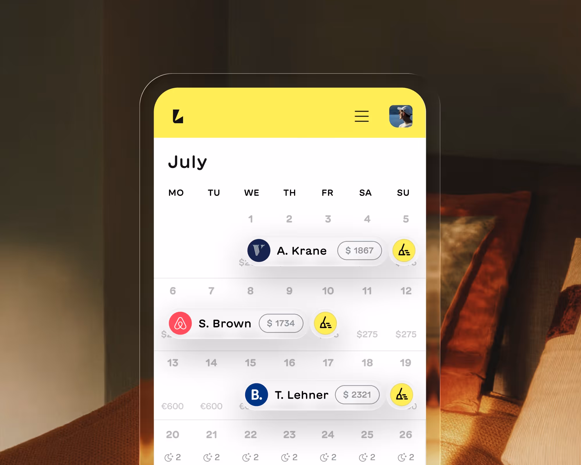 Mobile app calendar interface for July showing scheduled financial entries and profile icons for A. Krane, S. Brown, and T. Lehner with corresponding amounts.