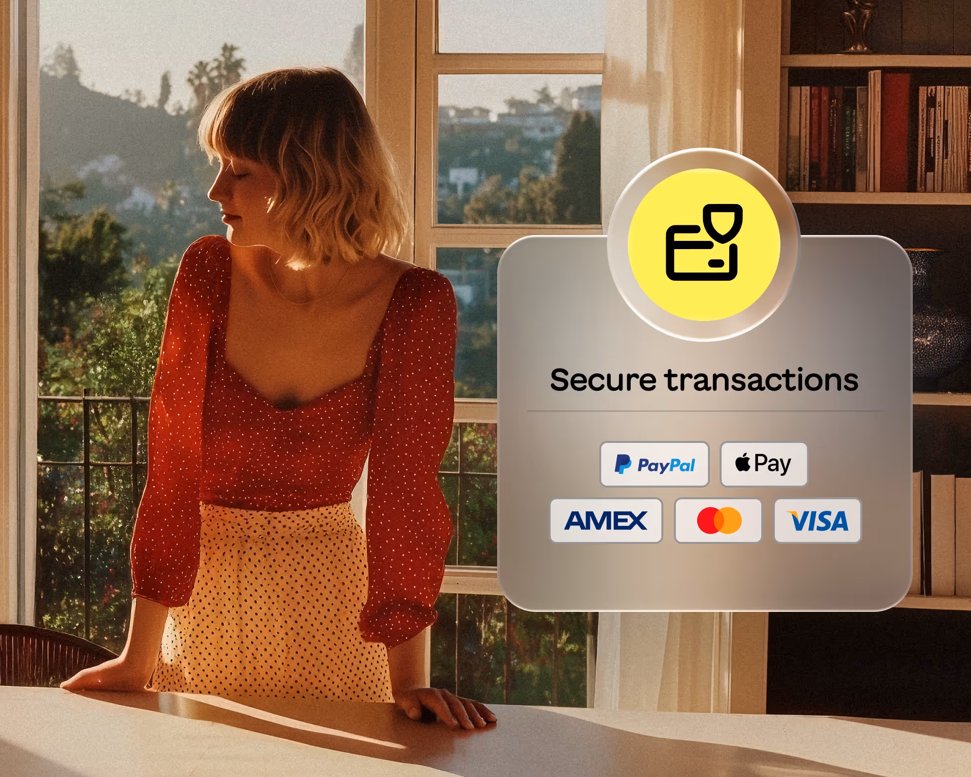 Woman in a red and white polka dot outfit standing by a table with a window and greenery in the background, alongside icons for secure payment options including PayPal, Apple Pay, AMEX, Mastercard, and Visa.