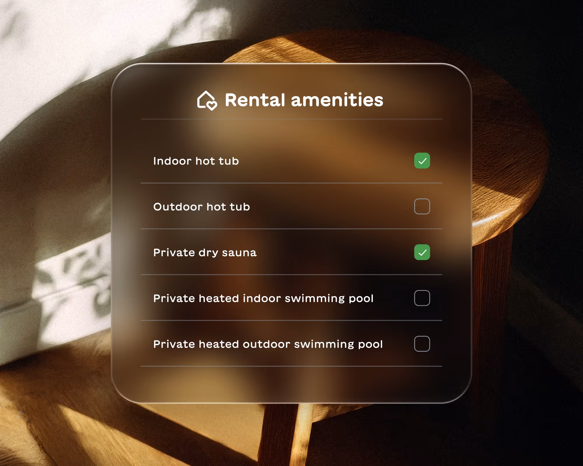 Rental amenities list with checkboxes showing Indoor hot tub and Private dry sauna selected.