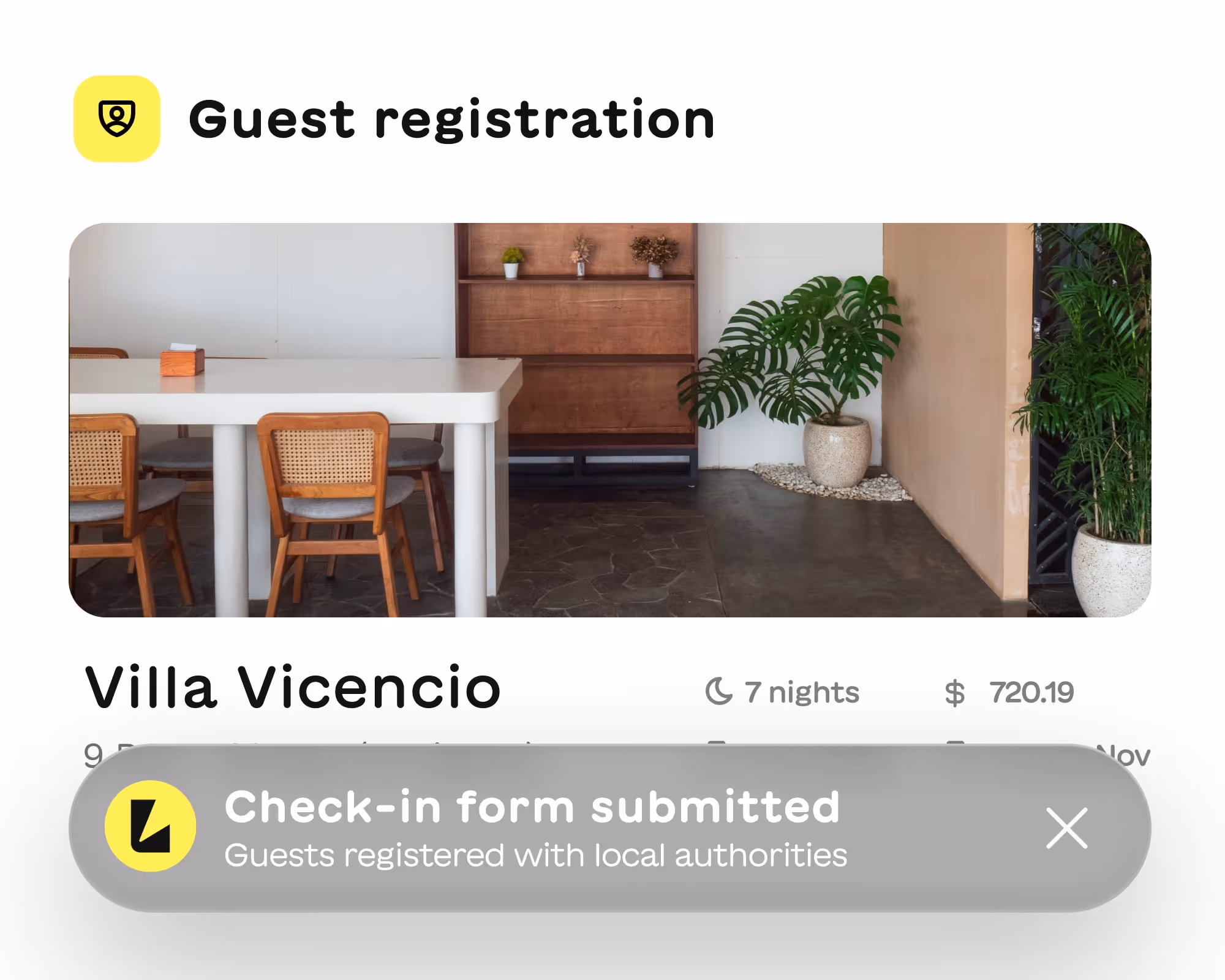Guest registration confirmation screen showing Villa Vicencio with a dining area photo, 7 nights stay for $720.19, and a check-in form submitted notification.