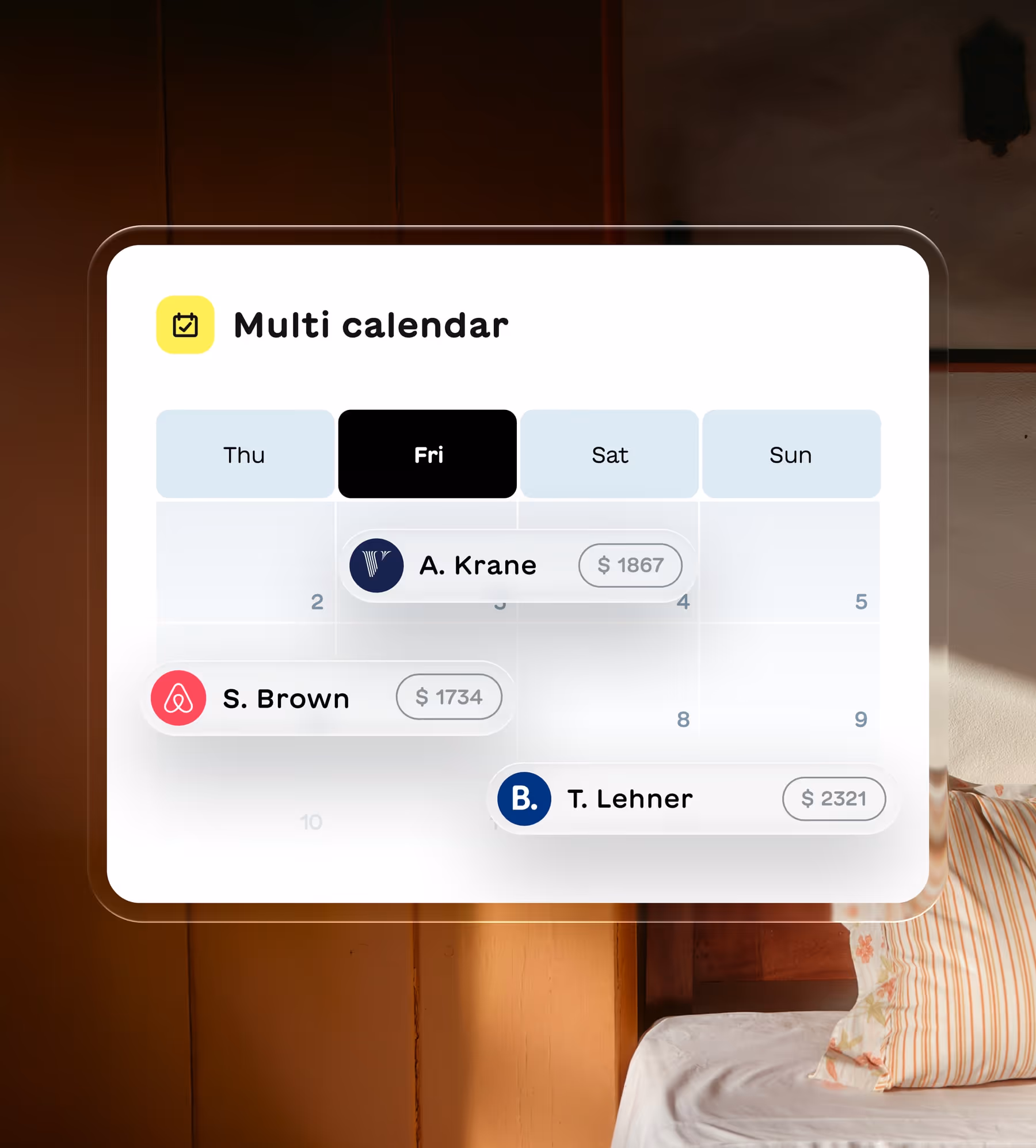 Multi calendar interface showing bookings for A. Krane, S. Brown, and T. Lehner with respective prices on different days.