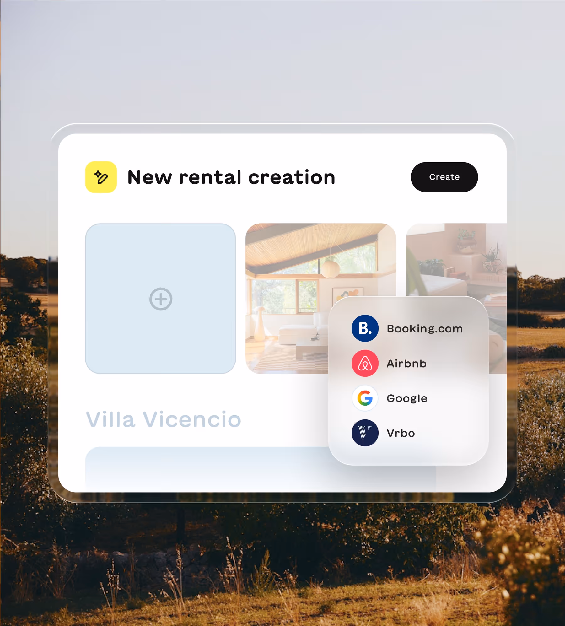 User interface screen titled 'New rental creation' showing image upload options with preview of a modern living room and platform choices including Booking.com, Airbnb, Google, and Vrbo.