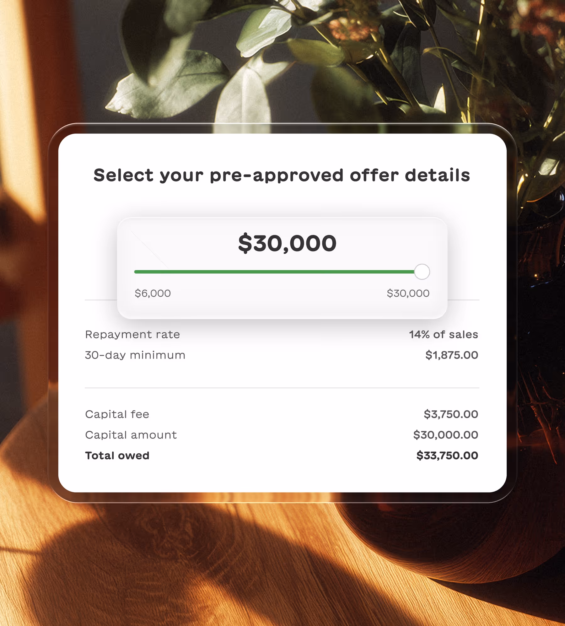 Interface showing a pre-approved offer selection with $30,000 selected, 14% repayment rate, $1,875 minimum, $3,750 capital fee, totaling $33,750 owed.