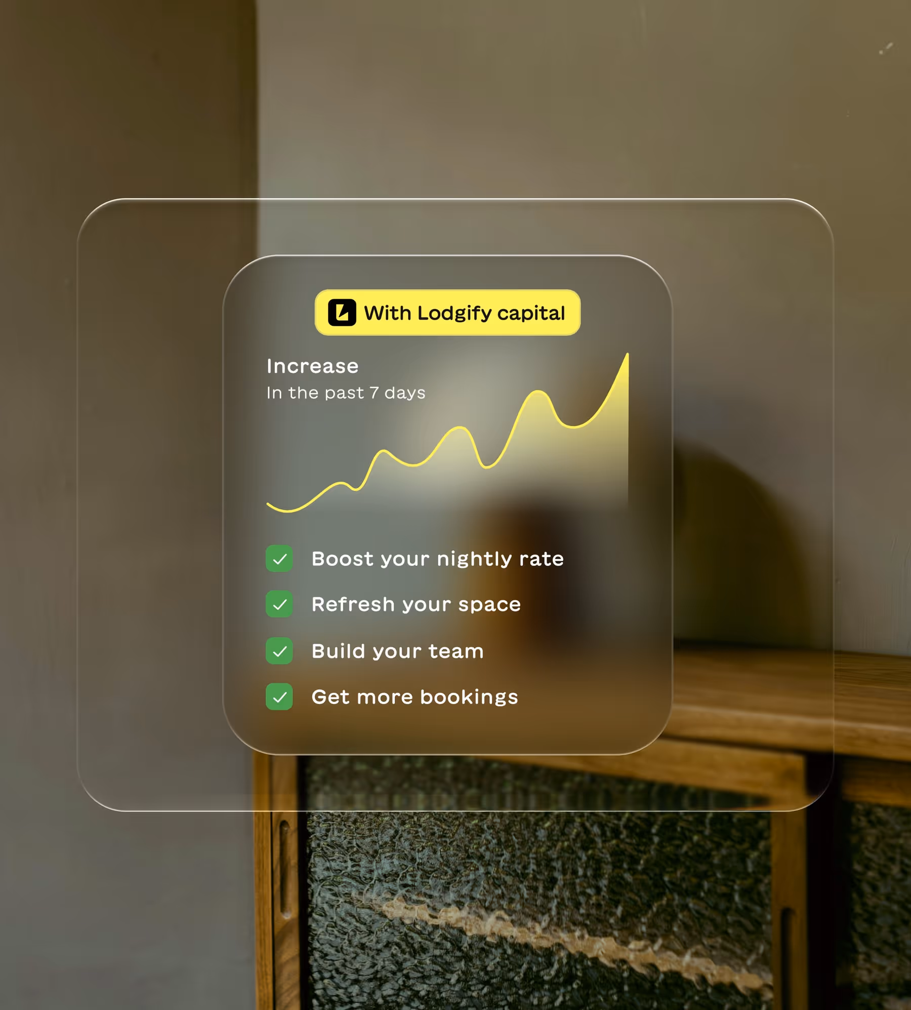 Infographic showing a rising yellow line graph labeled 'With Lodgify capital' and benefits including boosting nightly rate, refreshing space, building team, and getting more bookings.