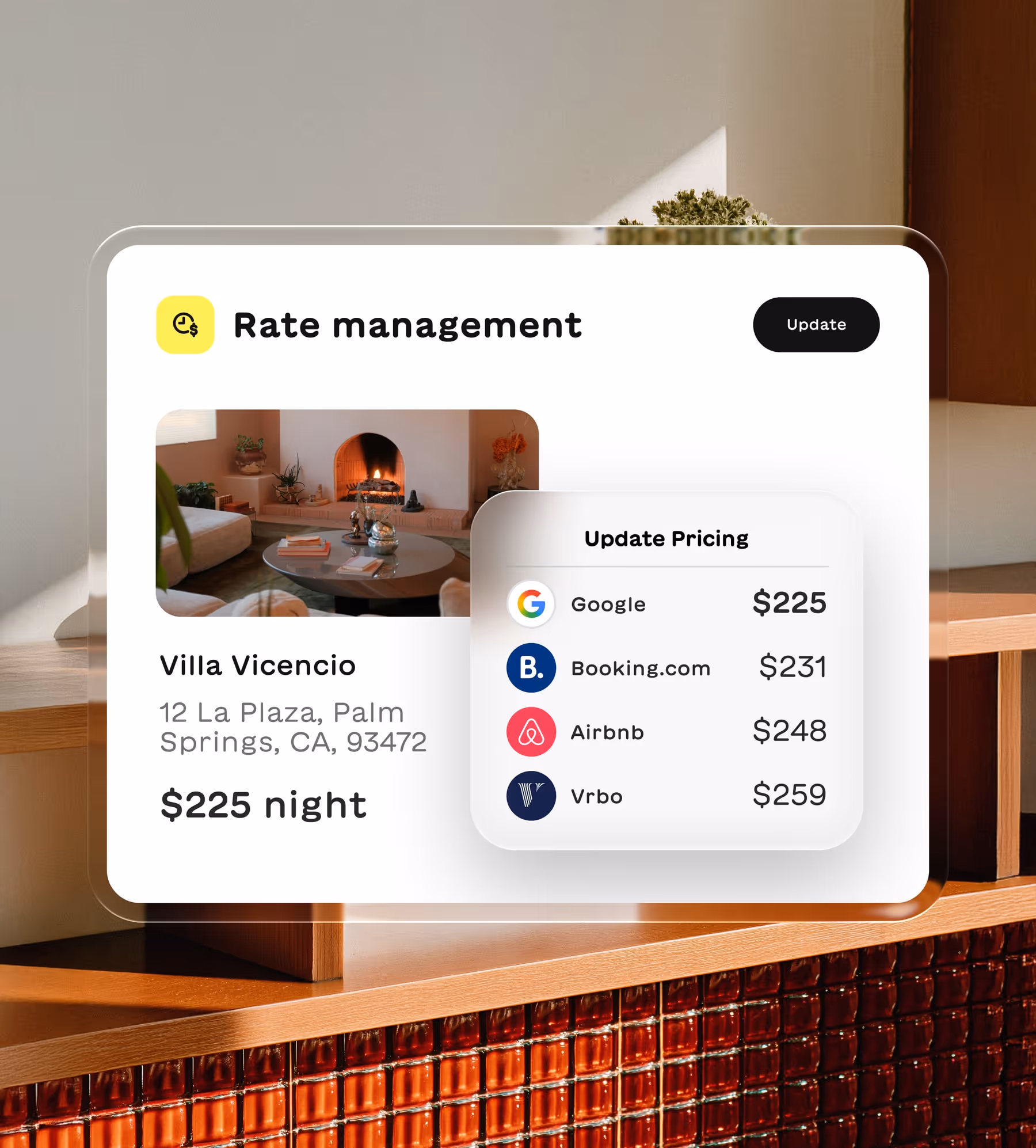 Rate management interface showing Villa Vicencio at 12 La Plaza, Palm Springs, priced $225 per night with update pricing from Google, Booking.com, Airbnb, and Vrbo.