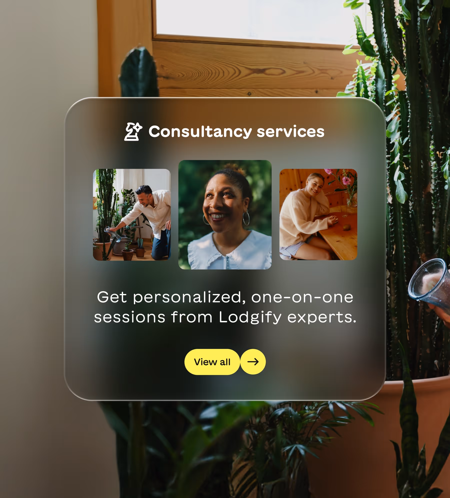 Consultancy services promotion with photos of three diverse experts and text offering personalized, one-on-one sessions from Lodgify experts.