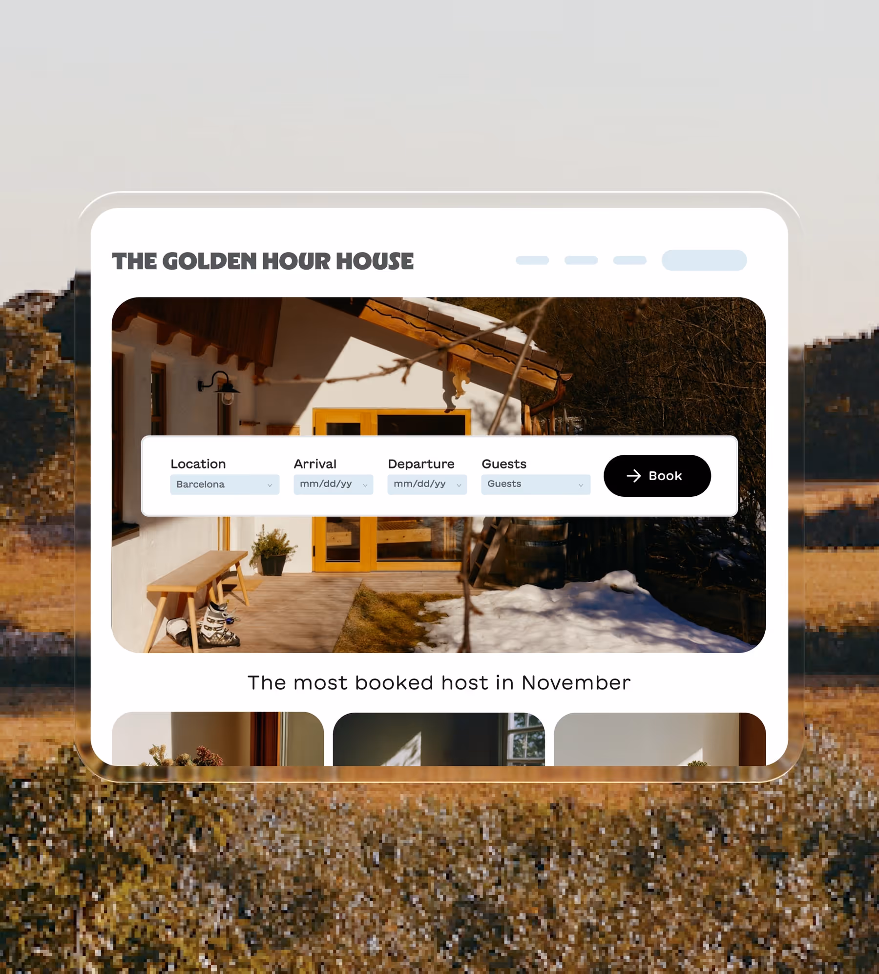 Booking interface for The Golden Hour House with location set to Barcelona and fields for arrival, departure, and guests.