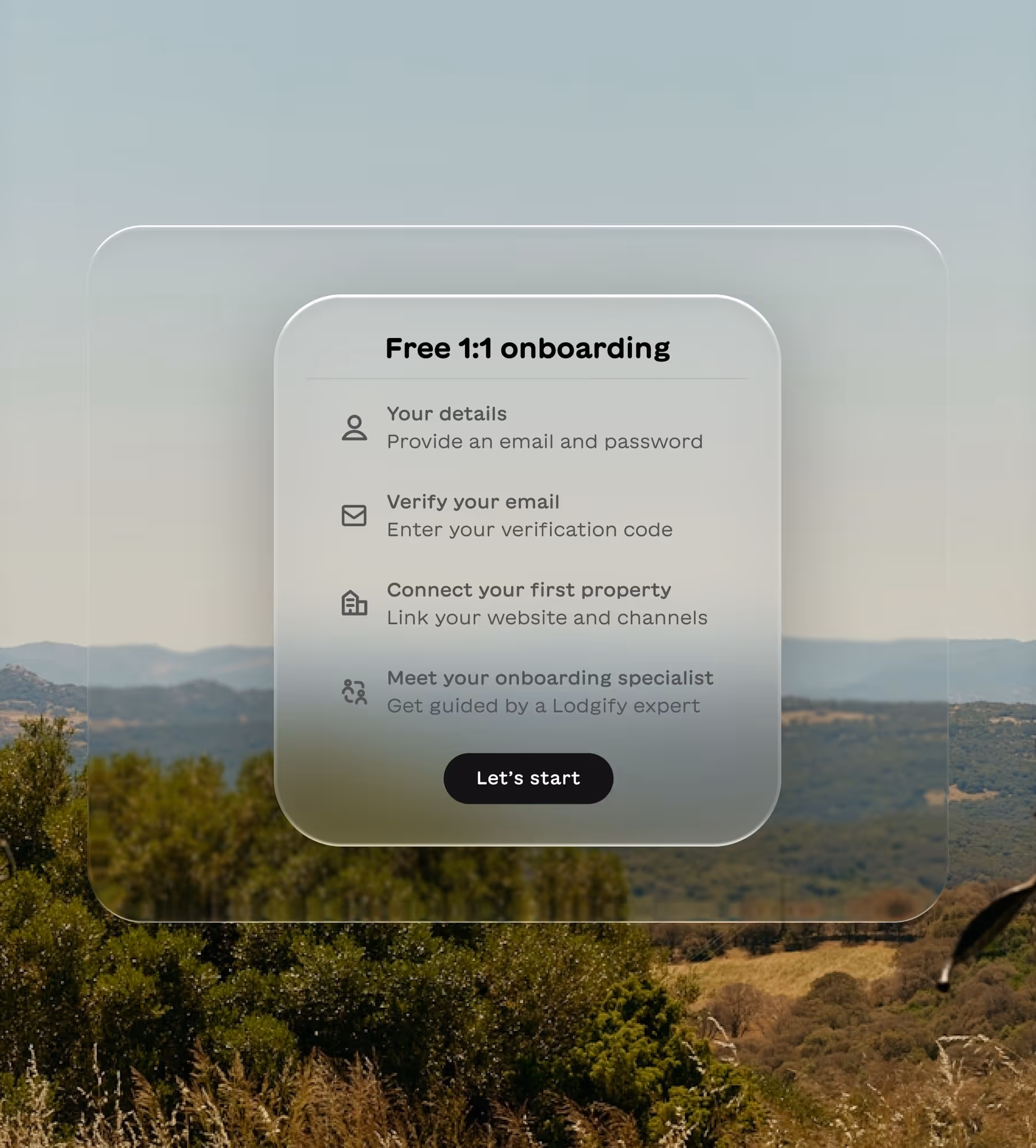 Free 1:1 onboarding steps: provide email and password, enter verification code, link website and channels, and meet an onboarding specialist.