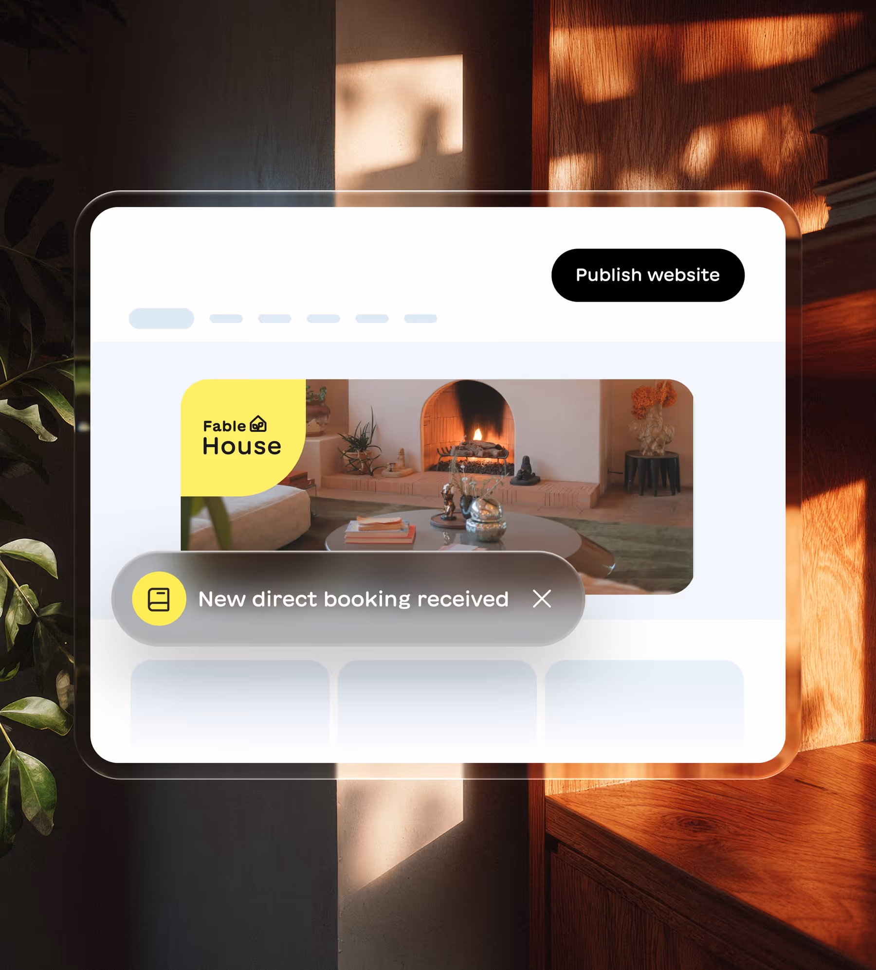 Digital interface showing a webpage for 'Fable House' with a fireplace and modern living room image, notification says 'New direct booking received', and a black 'Publish website' button.