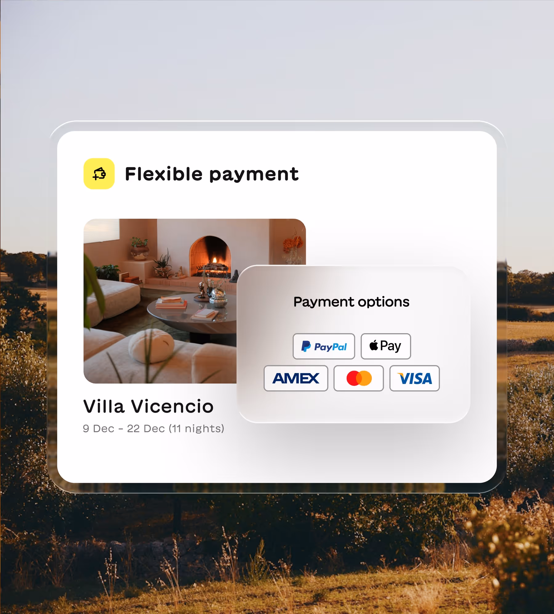 Booking card for Villa Vicencio from 9 Dec to 22 Dec with flexible payment and payment options including PayPal, Apple Pay, AMEX, Mastercard, and Visa.