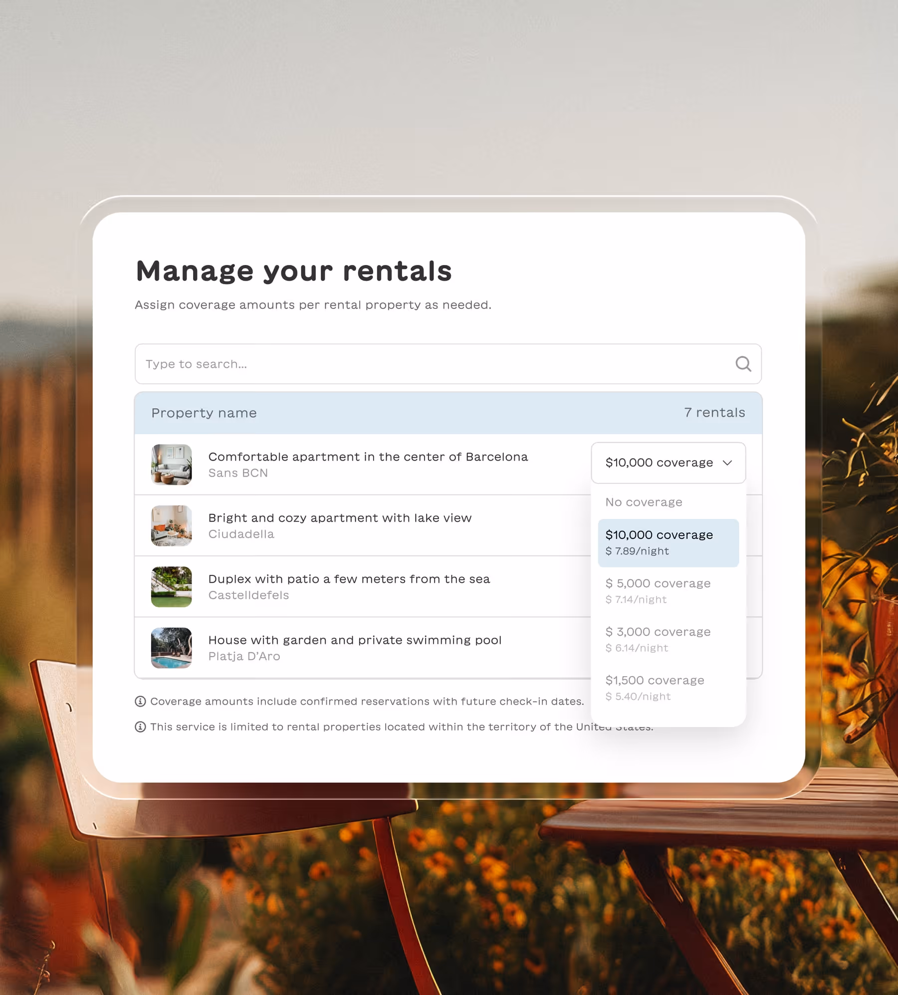 User interface for managing rental properties with options to assign coverage amounts per property and a dropdown showing different coverage levels and corresponding prices per night.